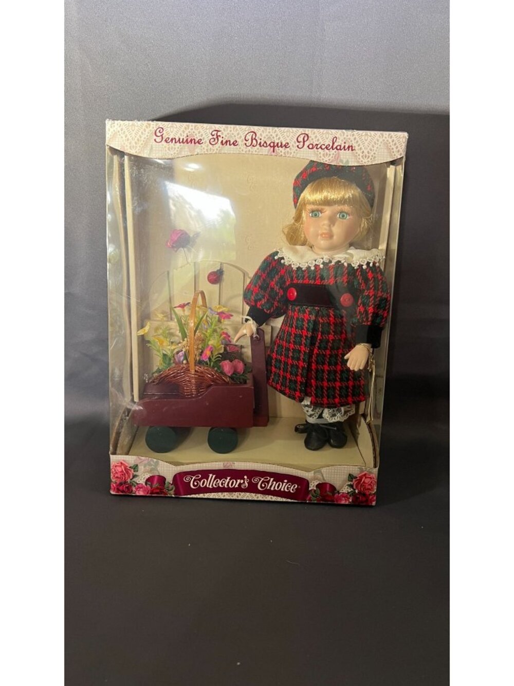 Genuine Fine Bisque Porcelain Doll W/ Flowers & Wagon New - Picture 1 of 10